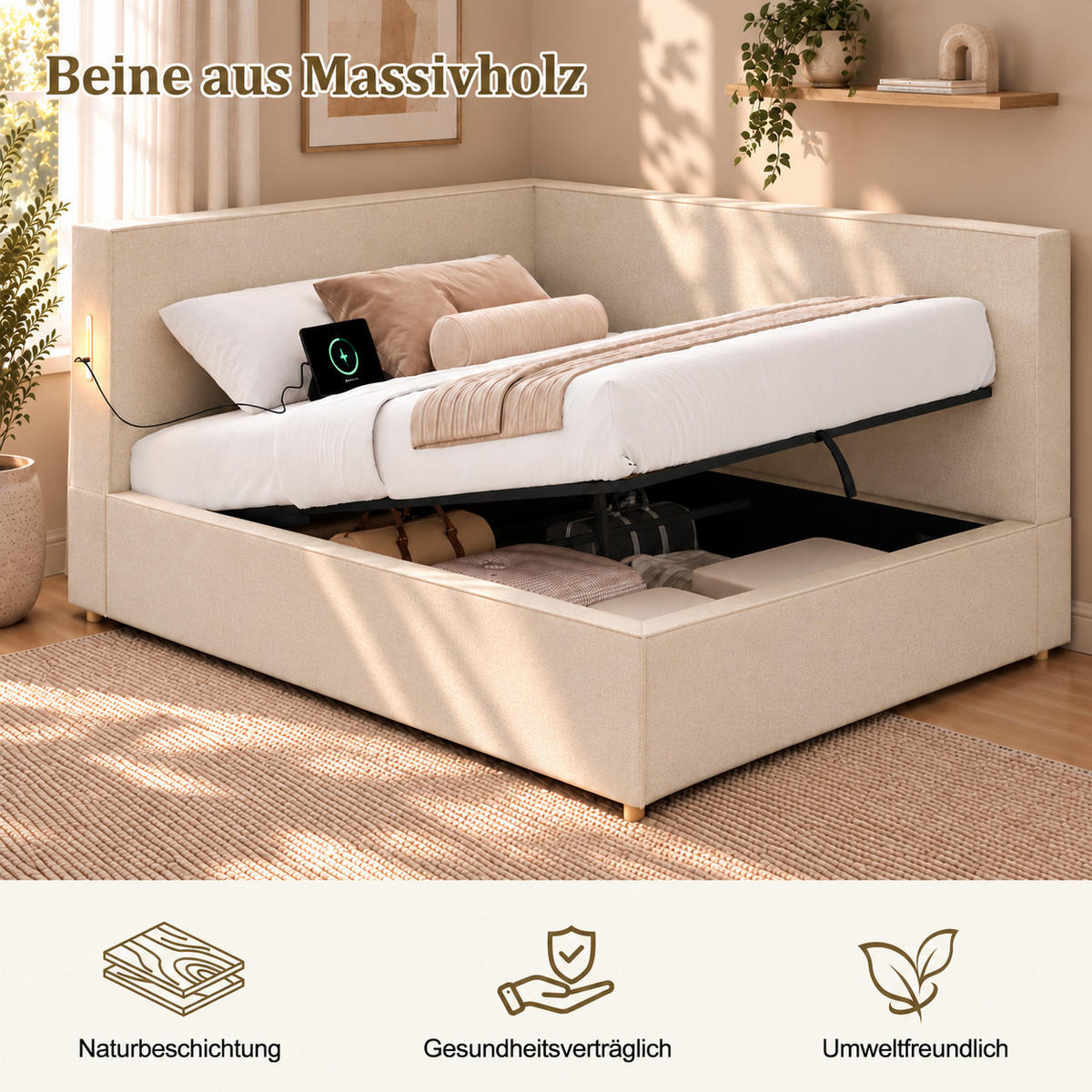 DAYBETT 140x190 cm, Beige, Chenille, LED, USB/Typ-C - Beige, Textil (140/200cm) - FLIEKS