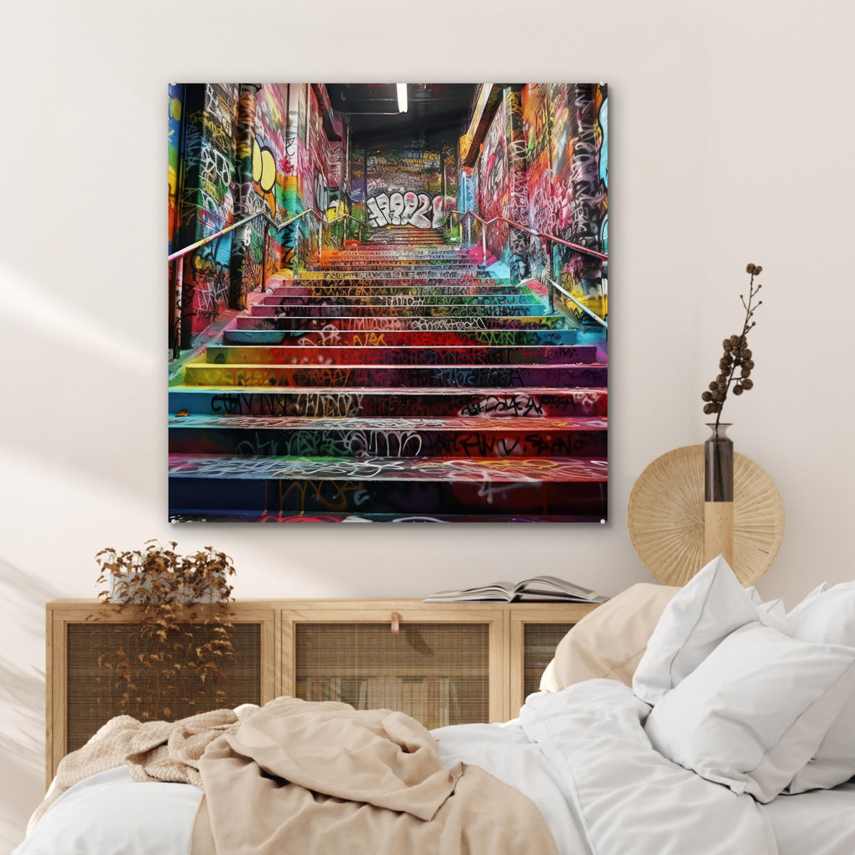 ACRYLGLASBILD Treppe - Graffiti - Farben - Kunst 90x90 cm - Multicolor, Glas (90/90cm) - MuchoWow