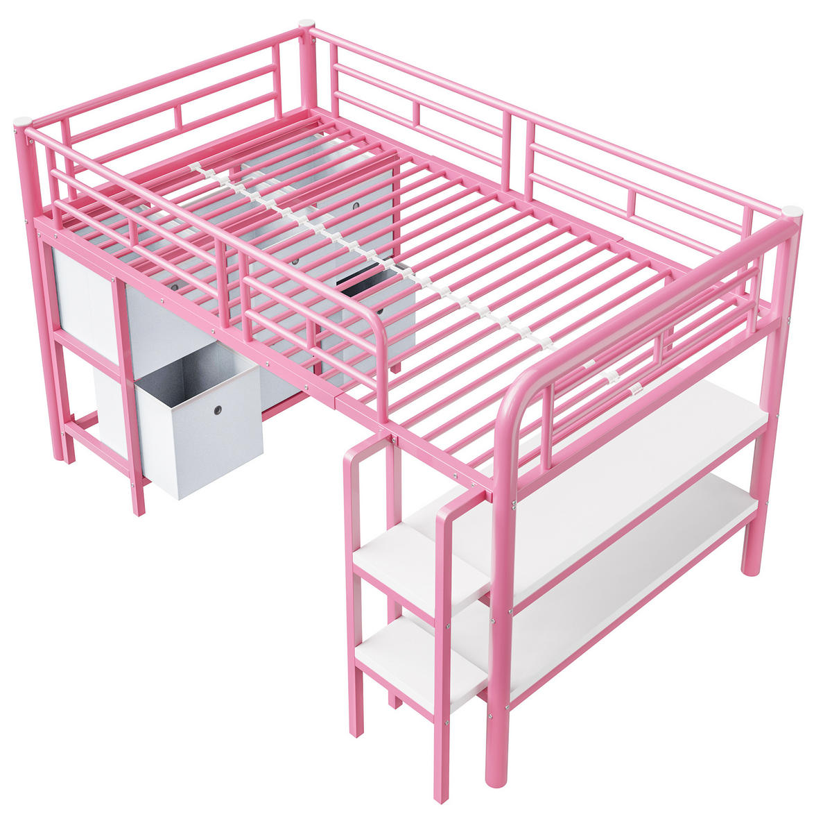 HOCHBETT 90/200 cm aus Metall und MDF mit Stauraumtreppe Rosa/Weiß - Rosa, Metall (90/200cm) - Modenvie