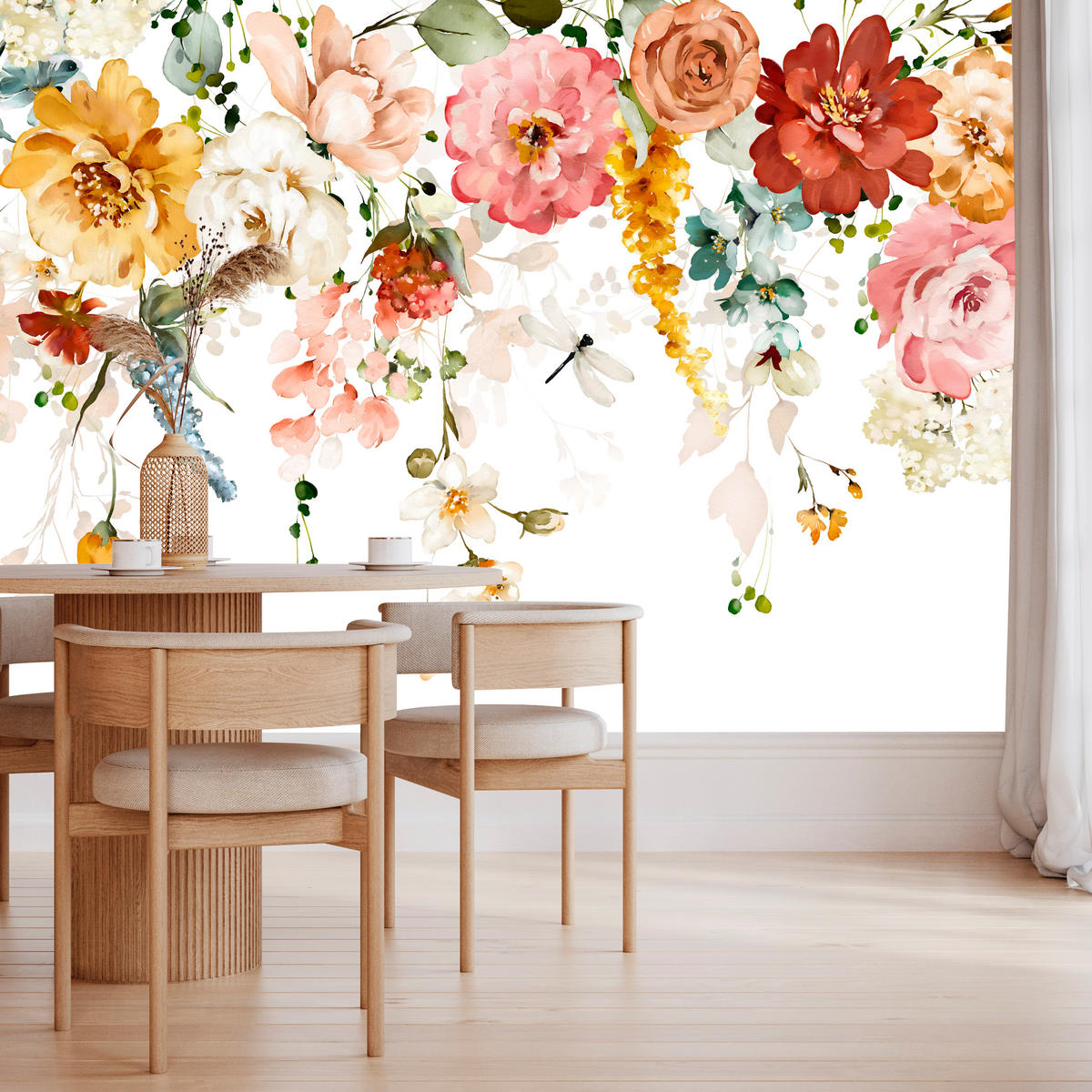 FOTOTAPETE für Schlafzimmer Aquarell Bunte Blumen Ranken Blätter 400x280 - Gelb/Rot, Papier (400/280cm) - Muralo