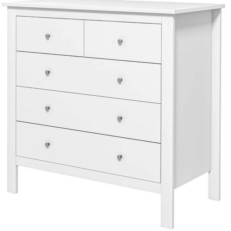 KOMMODE aus Holz 39,5x79x80,5 cm Weiß mit 5 Schubladen, Metallgleitern und pflegeleichter Bodenfreiheit - Weiß, Holzwerkstoff (79/80.5/39.5cm) - Modfu