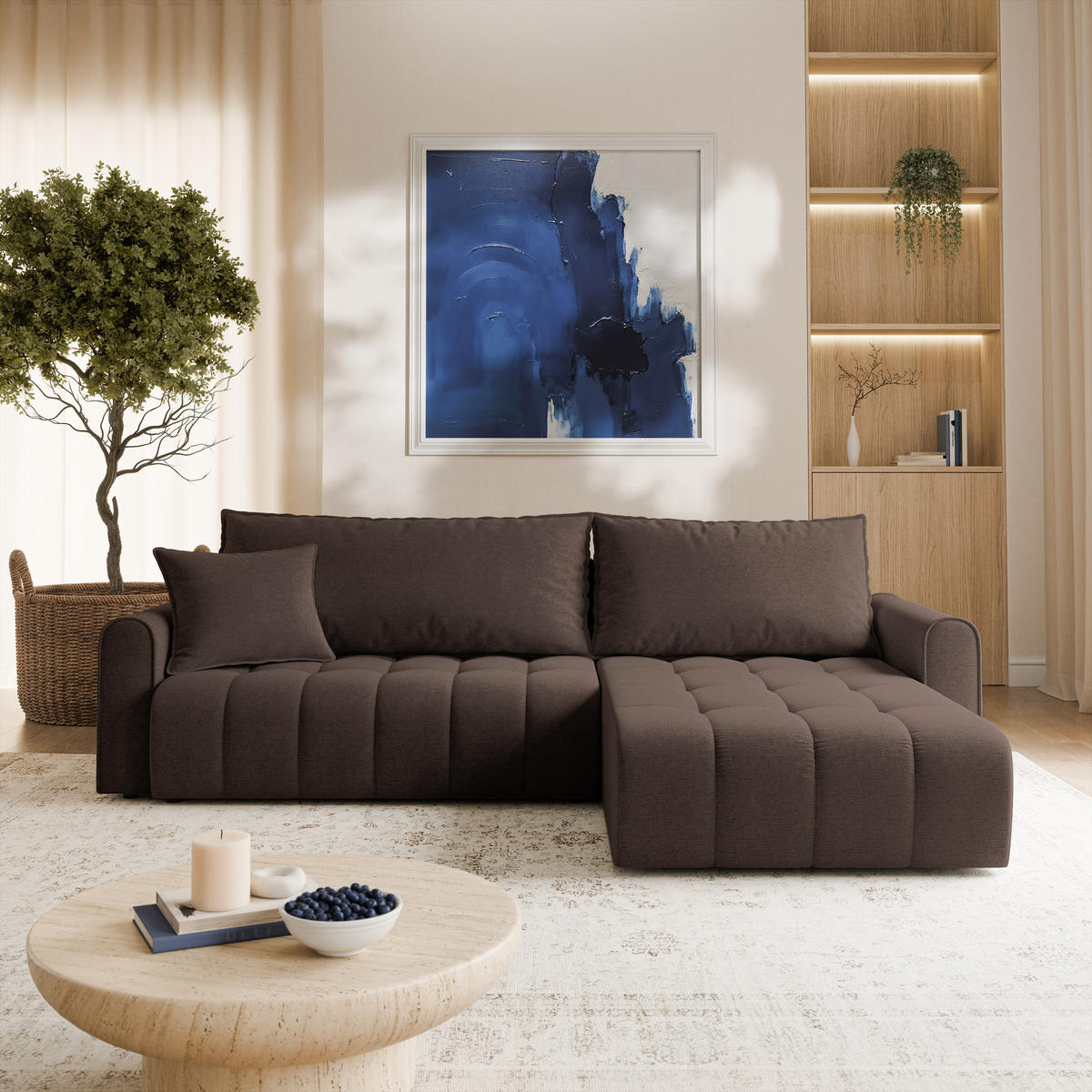 ECKSOFA FRIGA Braun Strukturstoff mit Schlaffunktion - Braun, Holz (283/185cm) - MASSENO