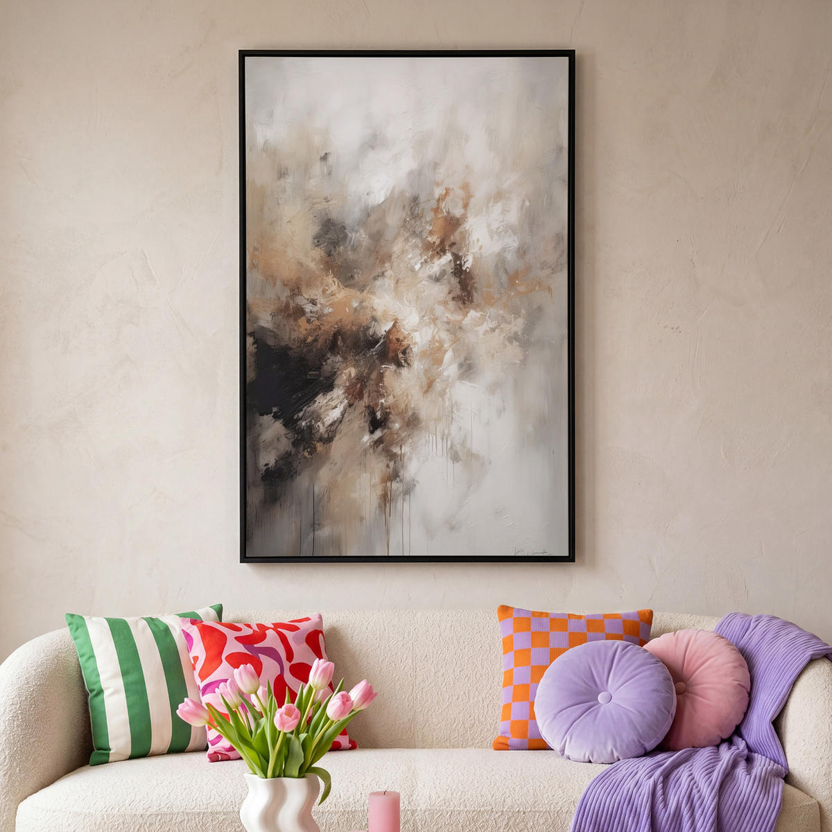 LEINWAND Bilder mit Rahmen - Farbe - Abstrakt - Beige - Kunst - 100x150 - Greige, Textil (100/150cm) - MuchoWow