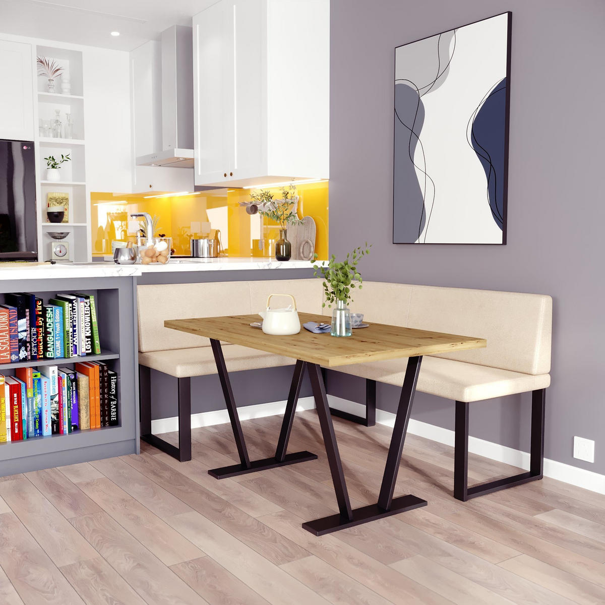 ECKBANKGRUPPE Alina - Kunstleder - 128 x 168 cm - Rechts- Beige - Beige, Leder/Metall (128/87/168cm) - AN-Moebel 4u