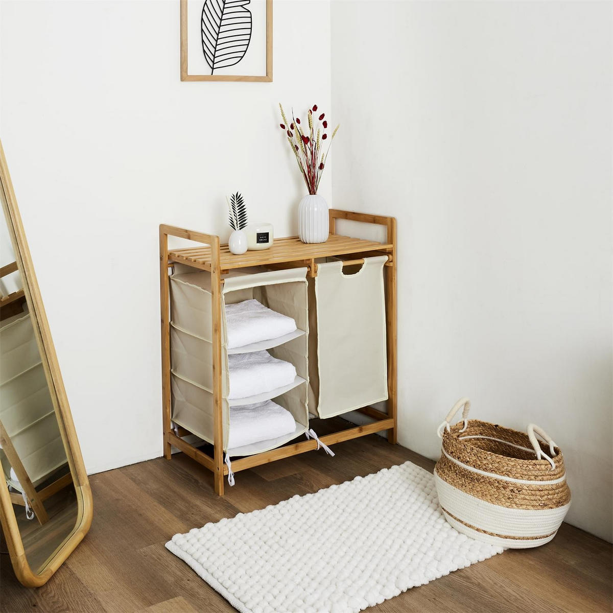 BADEZIMMER-ORGANIZER mit 4 Fächern aus Bambus und Stoff 38/69,5/77 cm - Eschefarben, Holz (38/69.5/81cm) - Calicosy
