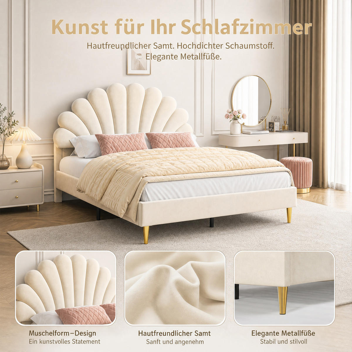POLSTERBETT 140 x 200, Kinderbett mit Lattenrost, Blütenblattförmiges Kopfteil, Samt, beige - Beige, Holzwerkstoff/Textil (140/200cm) - GENKI LIVING
