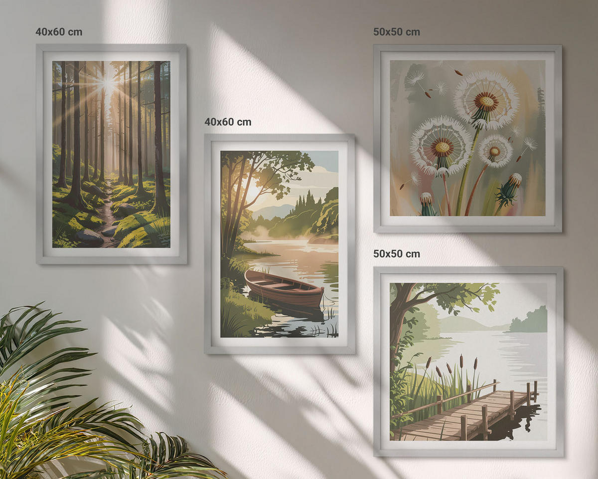 BILDER SET 4er Set - 50x50 cm & 40x60 cm Silberner Rahmen - Waldlandschaft, See Łódź - Silberfarben, Kunststoff (50/50cm) - TULUP