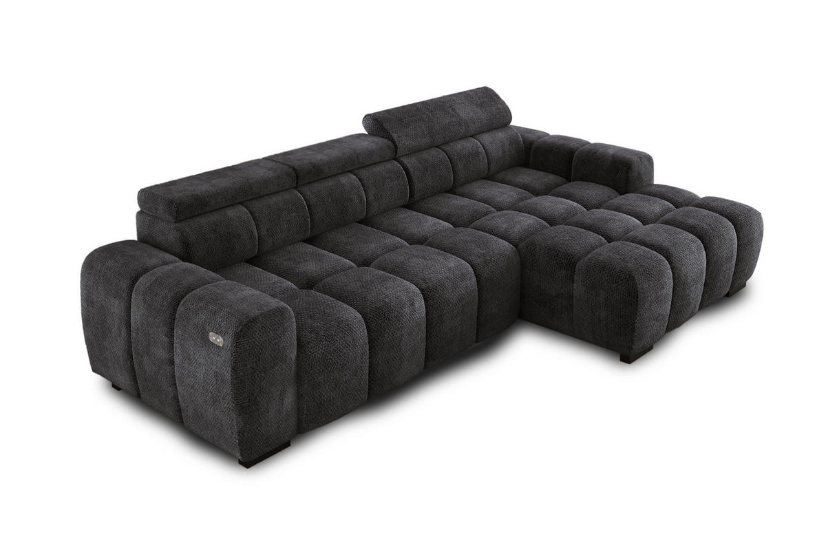 ECKSOFA OMBO 285x168x77/97 cm, Rechts, Schlaffunktion, elektr. Sitz, Kopfstützen, hydrophober EDEN-Stoff – Schwarz - Schwarz, Holz/Textil (285/168cm) - DomoHome