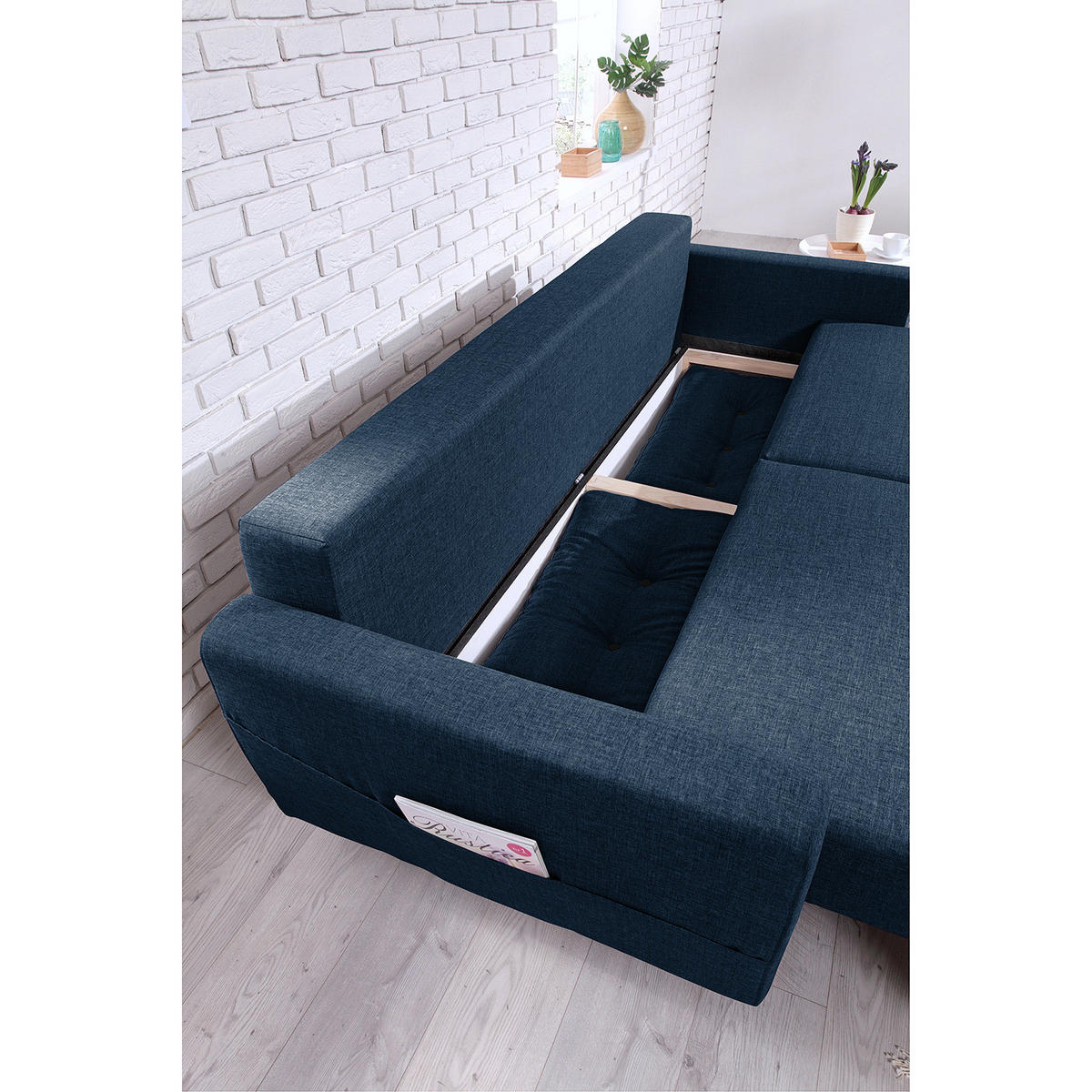 3-SITZER SOFA - Hellbraun/Blau, Textil (220/90/90cm) - home24