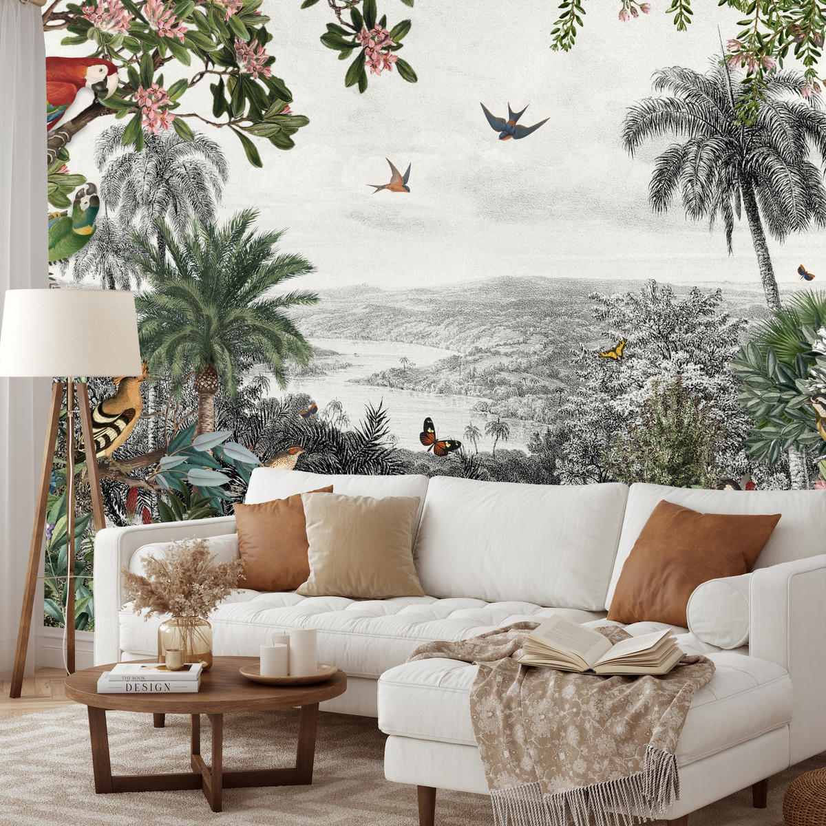 FOTOTAPETE für Wohnzimmer Tropenpapageien Vögel Palmen 350x256 - Gelb/Rot, Papier (350/256cm) - Muralo