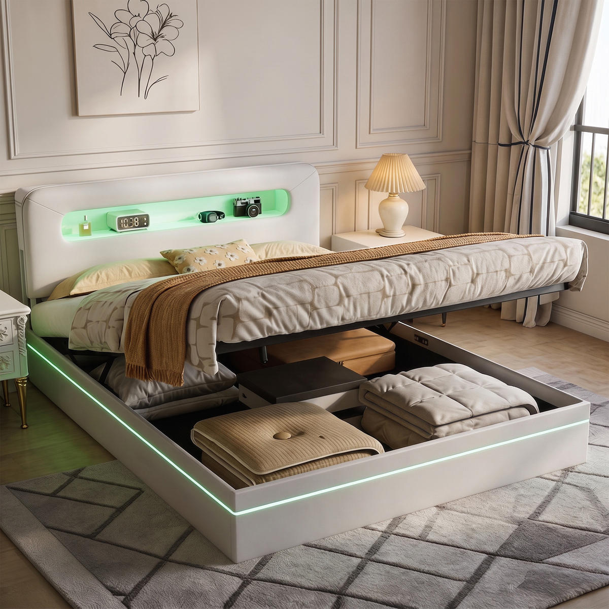 POLSTERBETT 160x200 mit bettkasten, Doppelbett mit stauraum, LED, lattenrost, samt, beige - Beige, Holz/Textil (160/200cm) - GENKI LIVING
