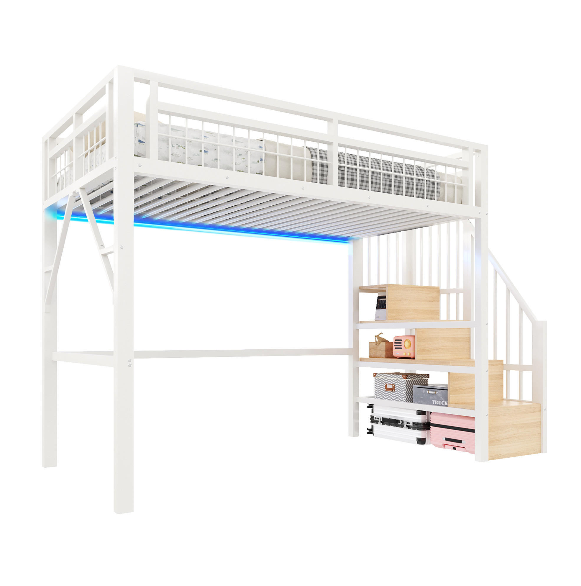 HOCHBETT 140/200 cm in Weiß mit LED-Beleuchtung und Stauraumtreppe - Weiß, Metall (140/200cm) - Flora Grace