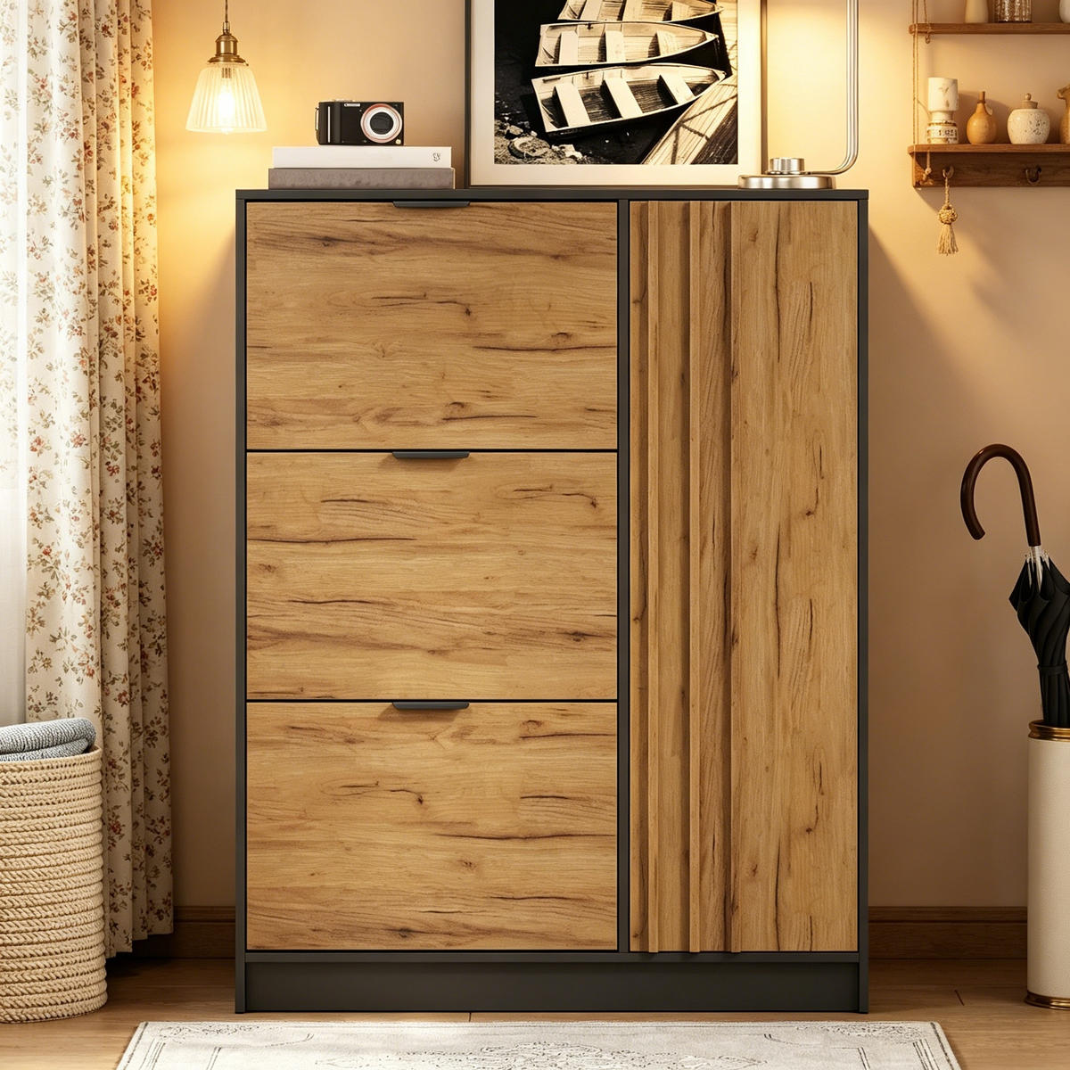 SCHUHSCHRANK in Naturfarben und Schwarz mit 3 Klappfächern und 1 Türfach für Flur, B100/T30/H130 cm - Naturfarben, Holzwerkstoff (100/130/30cm) - STILVORA