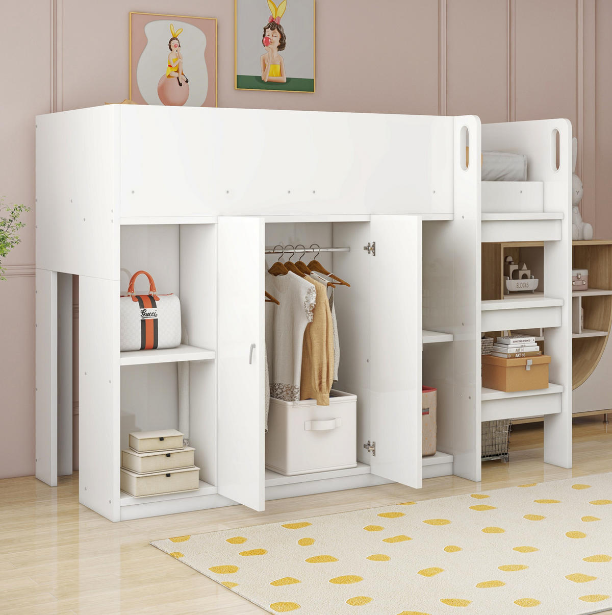 HOCHBETT 90/200 cm mit Stauraum, Schrank und Regalen in Weiß/Grau - Weiß, Holz (90/200cm) - Flora Grace