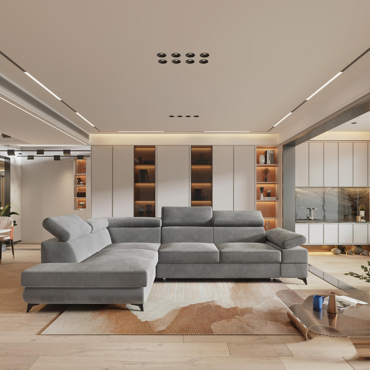 ECKSOFA FAVIEN L-S Hellgrau Velours-Stoff mit Schlaffunktion - Hellgrau, Holz (257/190cm) - MASSENO