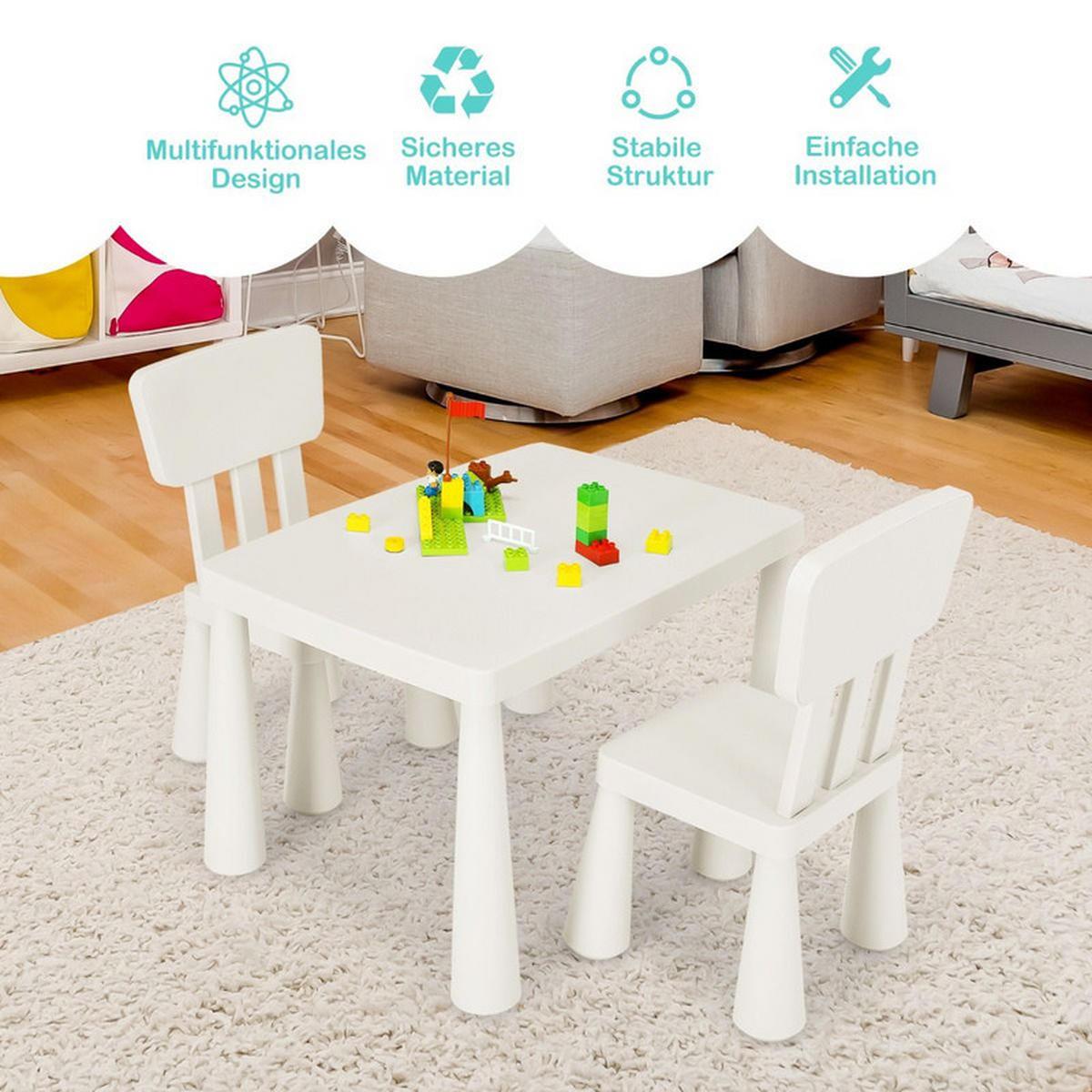 KINDERTISCH mit 2 Stühlen weiß(3-tlg) - Weiß, Kunststoff (76.5/49.5/54.5cm) - COSTWAY