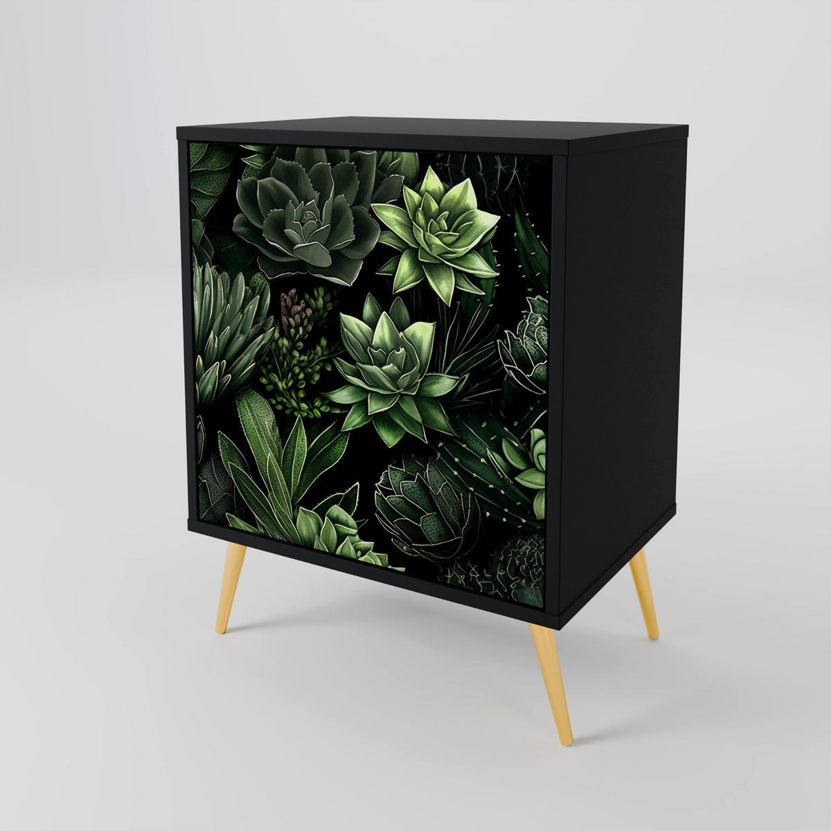 SIDEBOARD SUCCULENT JUNGLE, Schwarz, 57,5x42x67,5 cm, Schwarze Metall-Rahmenfüße - Multicolor/Schwarz, Holzwerkstoff/Metall (57.5/67.5/42cm) - SpaceRebels