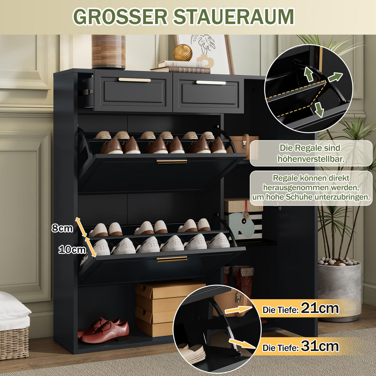 SCHUHSCHRANK 95/24/107 cm mit verstellbaren Regalen, 2 Schubladen und Klappfach, Schwarz - Schwarz, Holzwerkstoff (95/107/24cm) - Redom