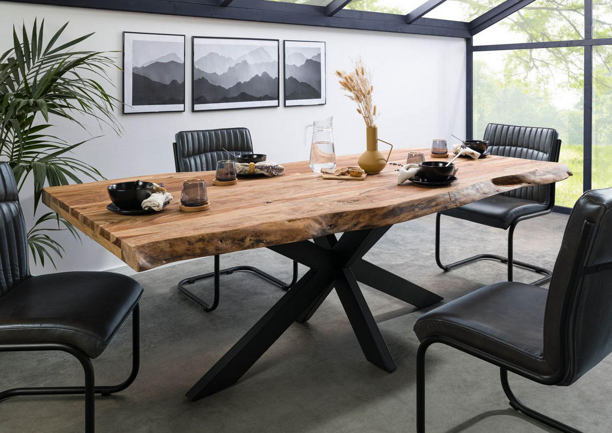 BAUMTISCH Sheesham 180x90x77 natur sandgestrahlt / Kreuzgestell anthrazit glänzend FREEFORM 5 - Braun, Holz (180/90/77cm) - Massivmoebel24