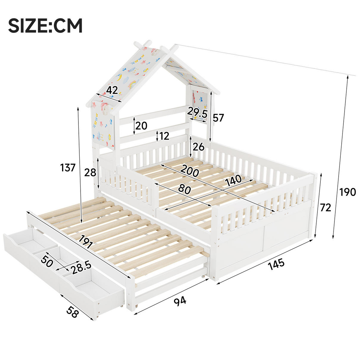 POSTEĽ v tvare domčeka 140/200 cm biela z MDF a borovice s výsuvným lôžkom, 3 zásuvkami a zábranami - biela, kompozitné drevo (140/200cm) - OKWISH