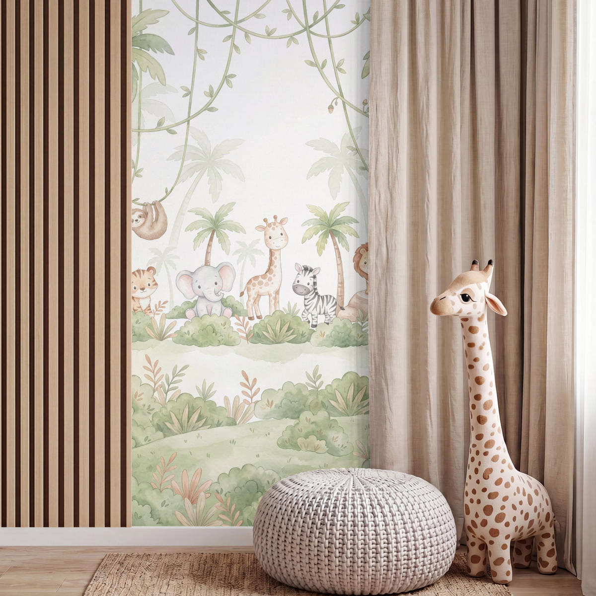 KINDERTAPETE - Tiere - Dschungel - Pastell - 100x200 cm - Weiß, Papier (100/200cm) - OnlyWow