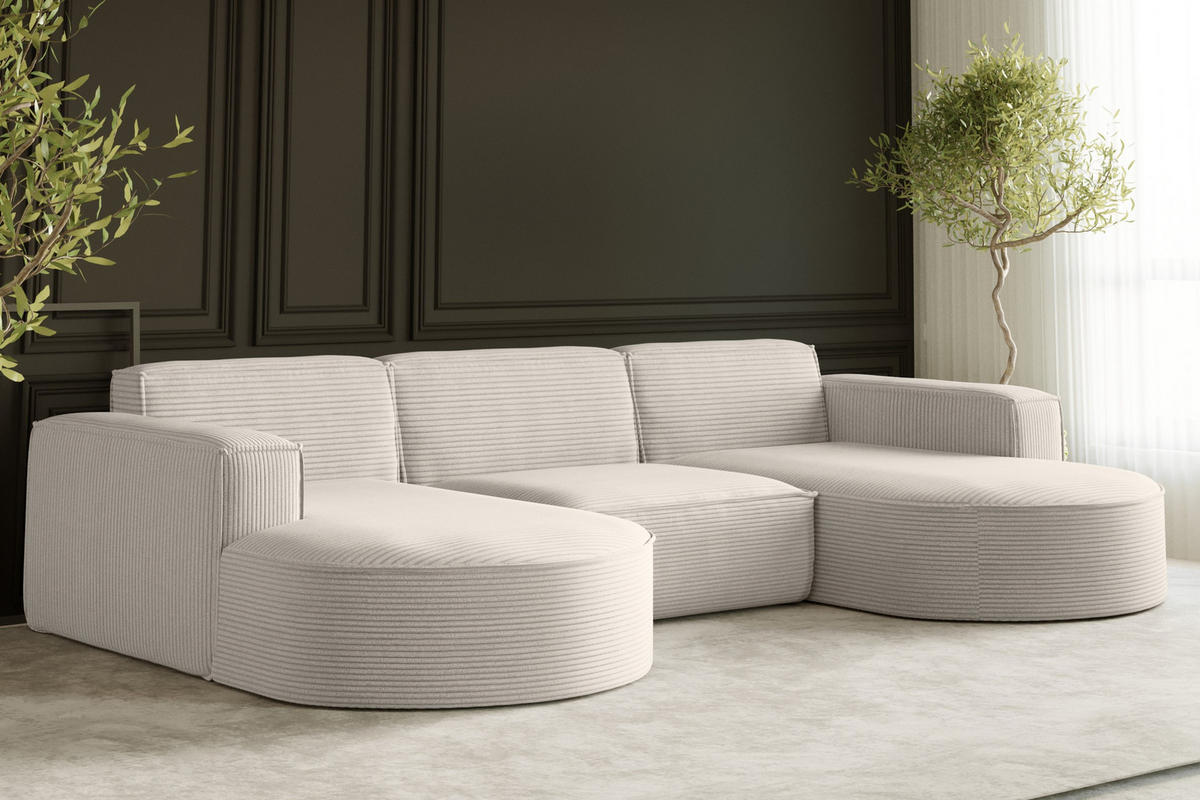 ECKSOFA Designer MODENA U STUDIO Stoff Dicker Cord Ecru - Ecru, Holz (165/299cm) - Kaiser Möbel