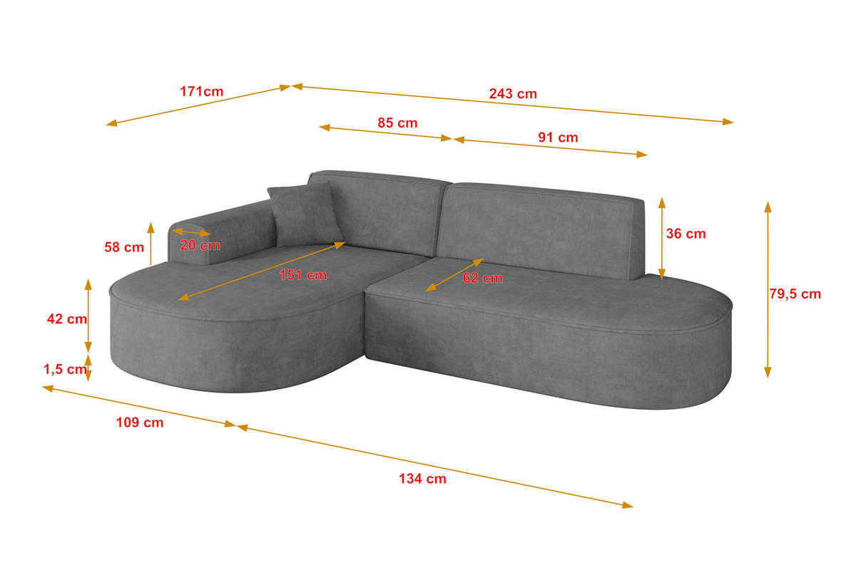 ECKSOFA Ottomane Links MARI-L1 - 243x171x79 cm Grau Velours - Schwarz/Grau, Holzwerkstoff/Kunststoff (243/171cm) - ALTDECOR
