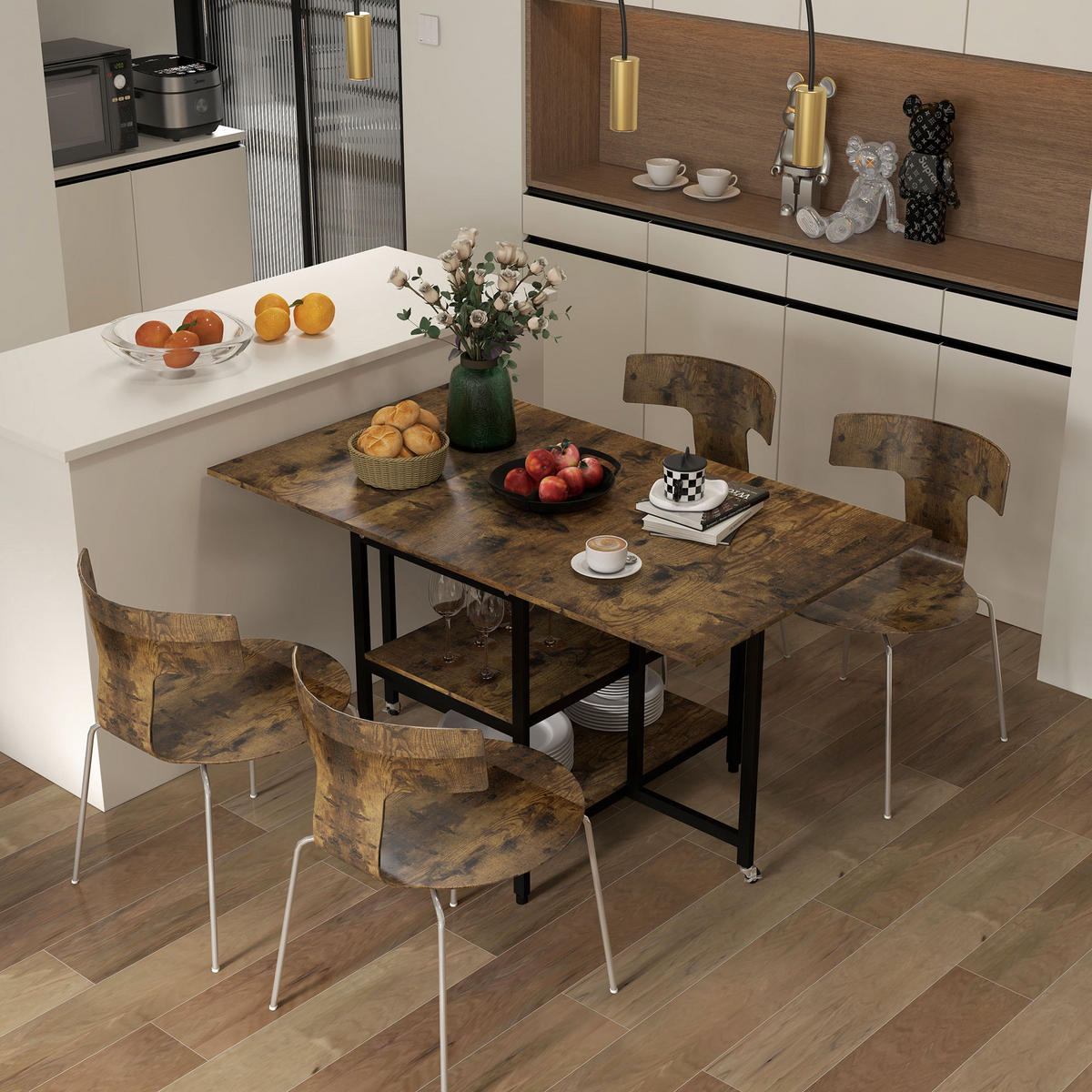 KLAPPTISCH 140/80/75 cm mit 2 klappbaren Platten, Rollen und 2 Ablagen, Braun - Braun, Metall (140/80/75cm) - Redom