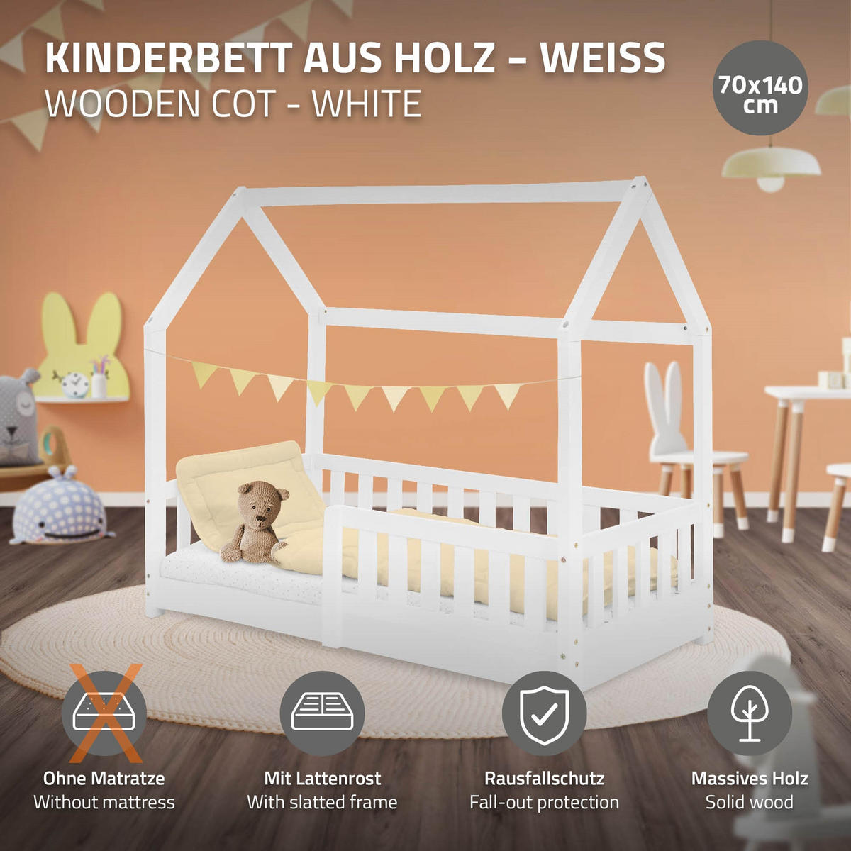 KINDERBETT mit Dach 70x140 cm Weiß - Weiß, Holz (70/140cm) - ML-DESIGN