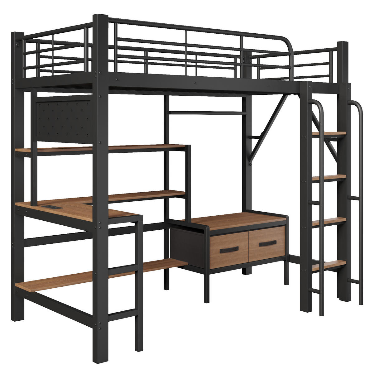 HOCHBETT 90/200 cm mit Eisenrahmen Schwarz, Schreibtisch, Lochwand und LED-Licht - Schwarz, Metall