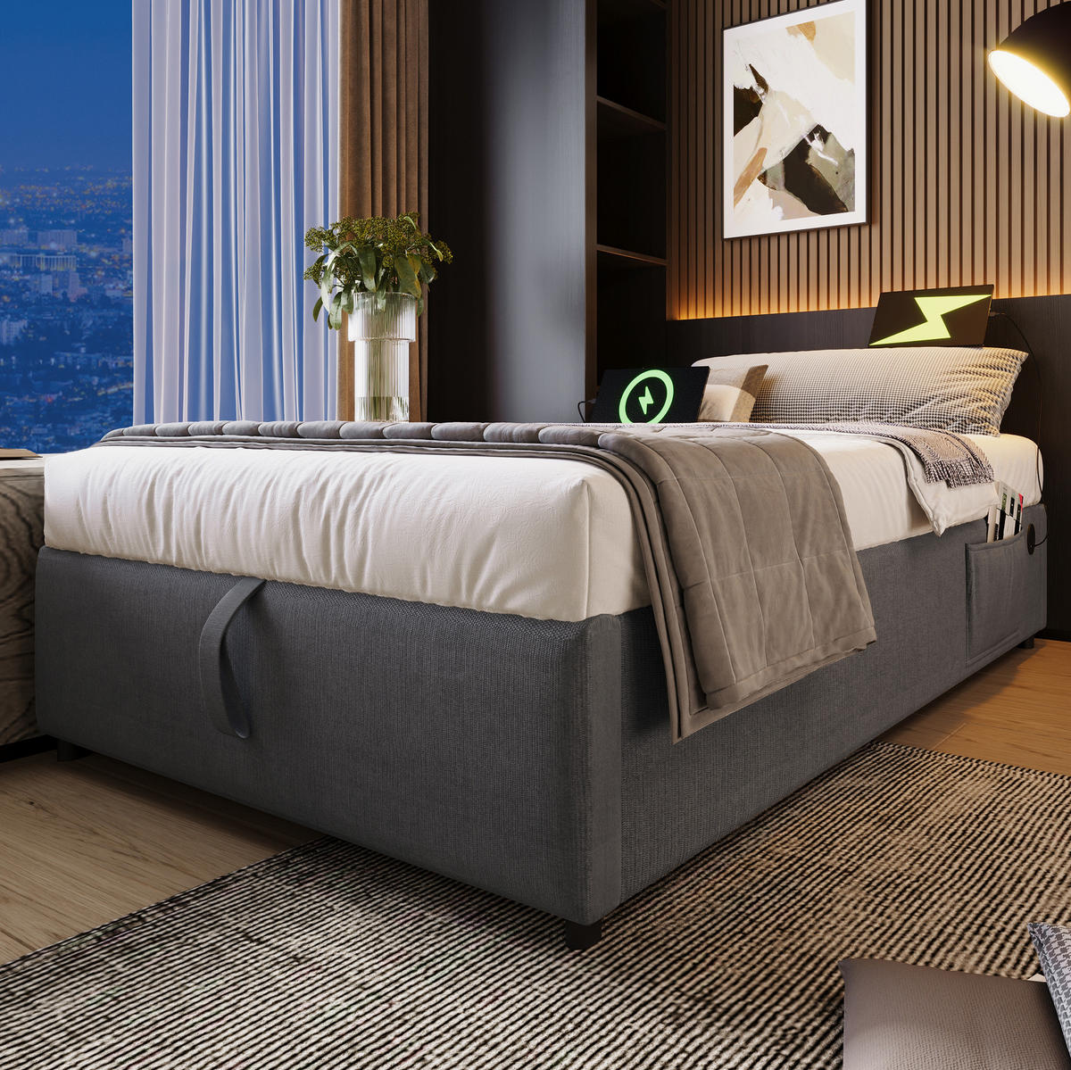 TAPECIRANI krevet od pamuka i lana 90x200 cm sivi s USB/Type-C priključkom i hidrauličkim prostorom za odlaganje - siva, tekstil (90/200cm) - Modfu