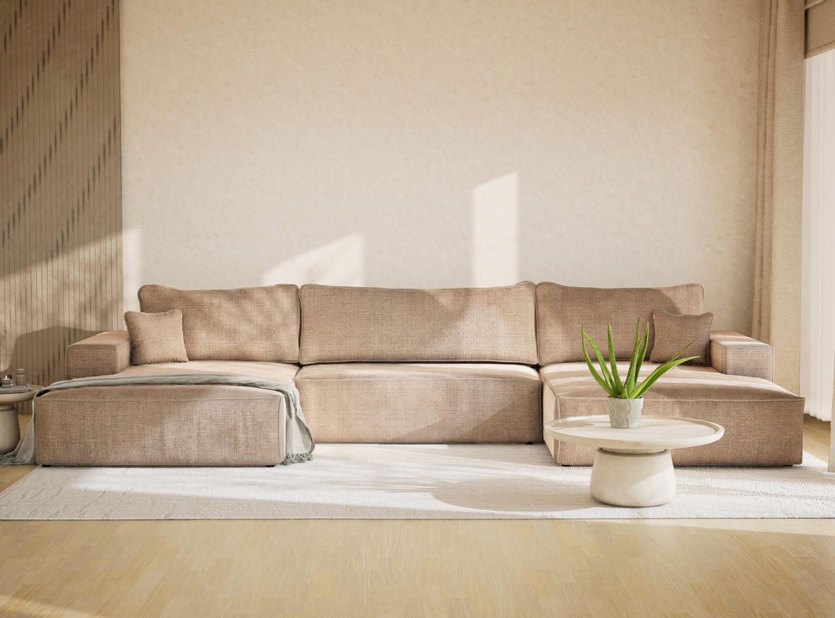 WOHNLANDSCHAFT Deseo Beige Chenille-Stoff - Beige/Schwarz, Holz/Holzwerkstoff (398/70/148cm) - Maison de Reve