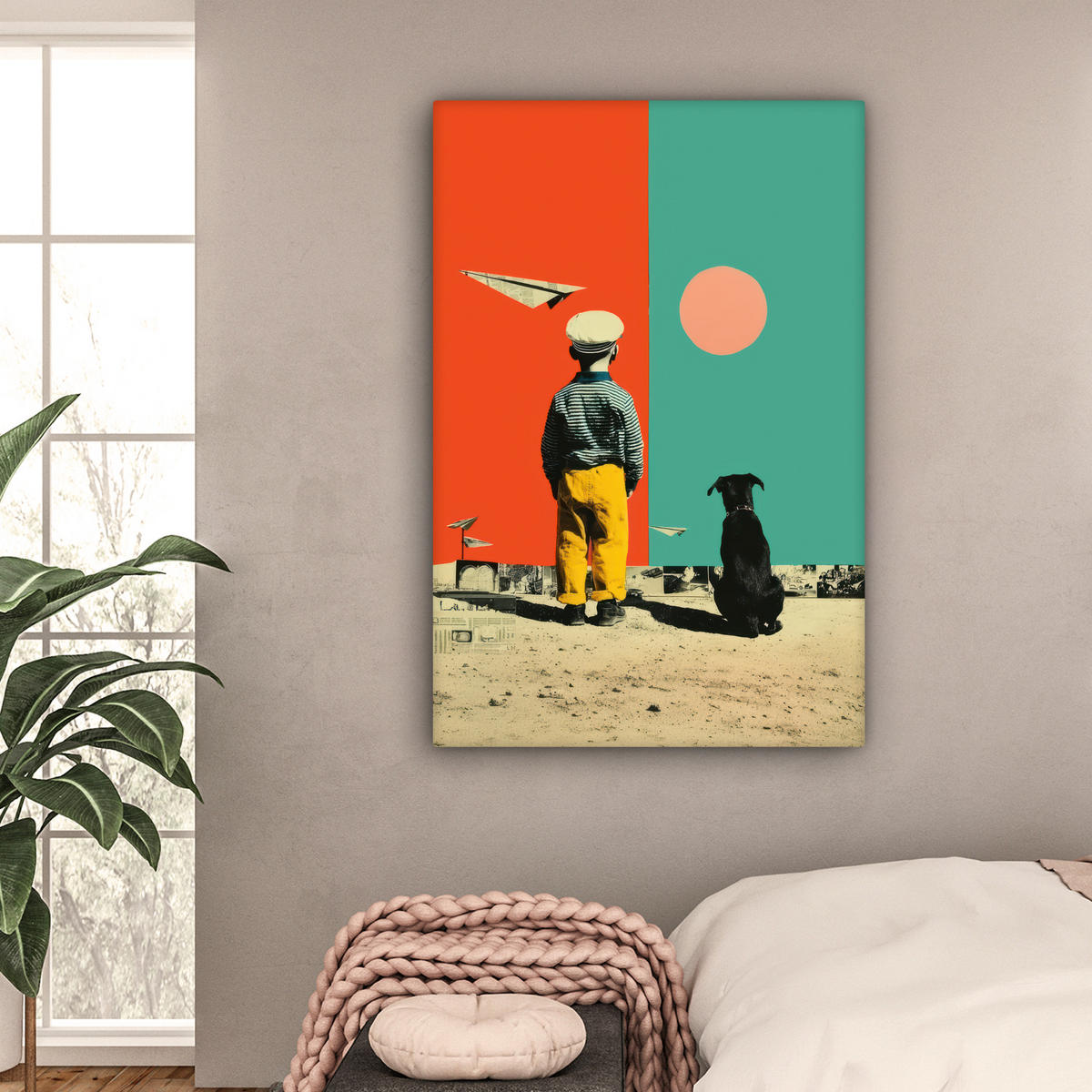 LEINWANDBILD Retro - Junge - Hund - Rot - Grün Deko Groß 90x140 cm - Orange, Textil (90/140cm) - MuchoWow
