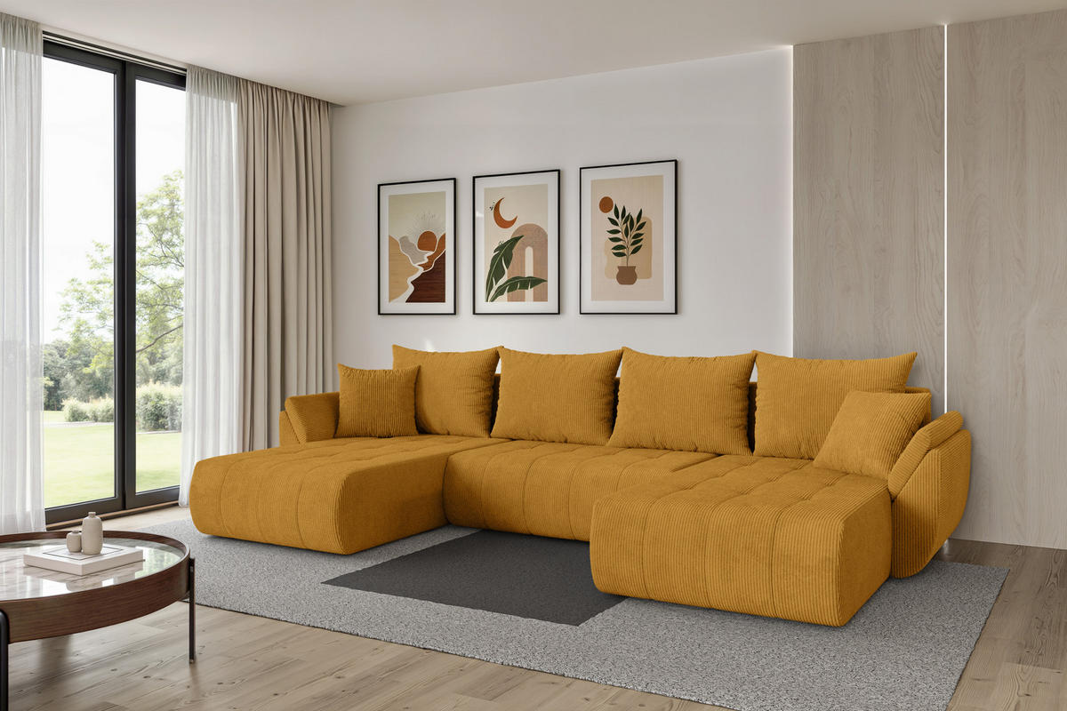 SEDACÍ SOUPRAVA DO U s funkcí spaní a úložným prostorem TOKO-U 378x194x86 hořčicově žlutá manšestr - černá/tmavě žlutá, kompozitní dřevo/textil (378/86/194cm) - ALTDECOR