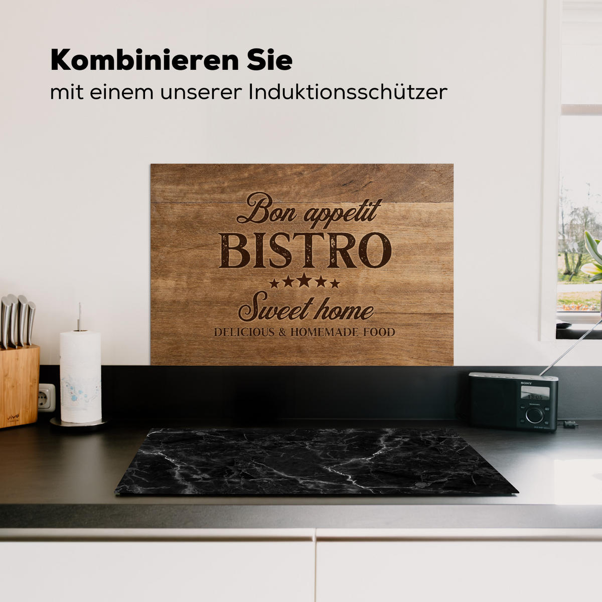 SPRITZSCHUTZ KÜCHE Zitat - Bistro - Guten Appetit - Süßes Zuhause - Holzmaserung 60x40 cm - Braun, Metall (60/0.3/40cm) - MuchoWow