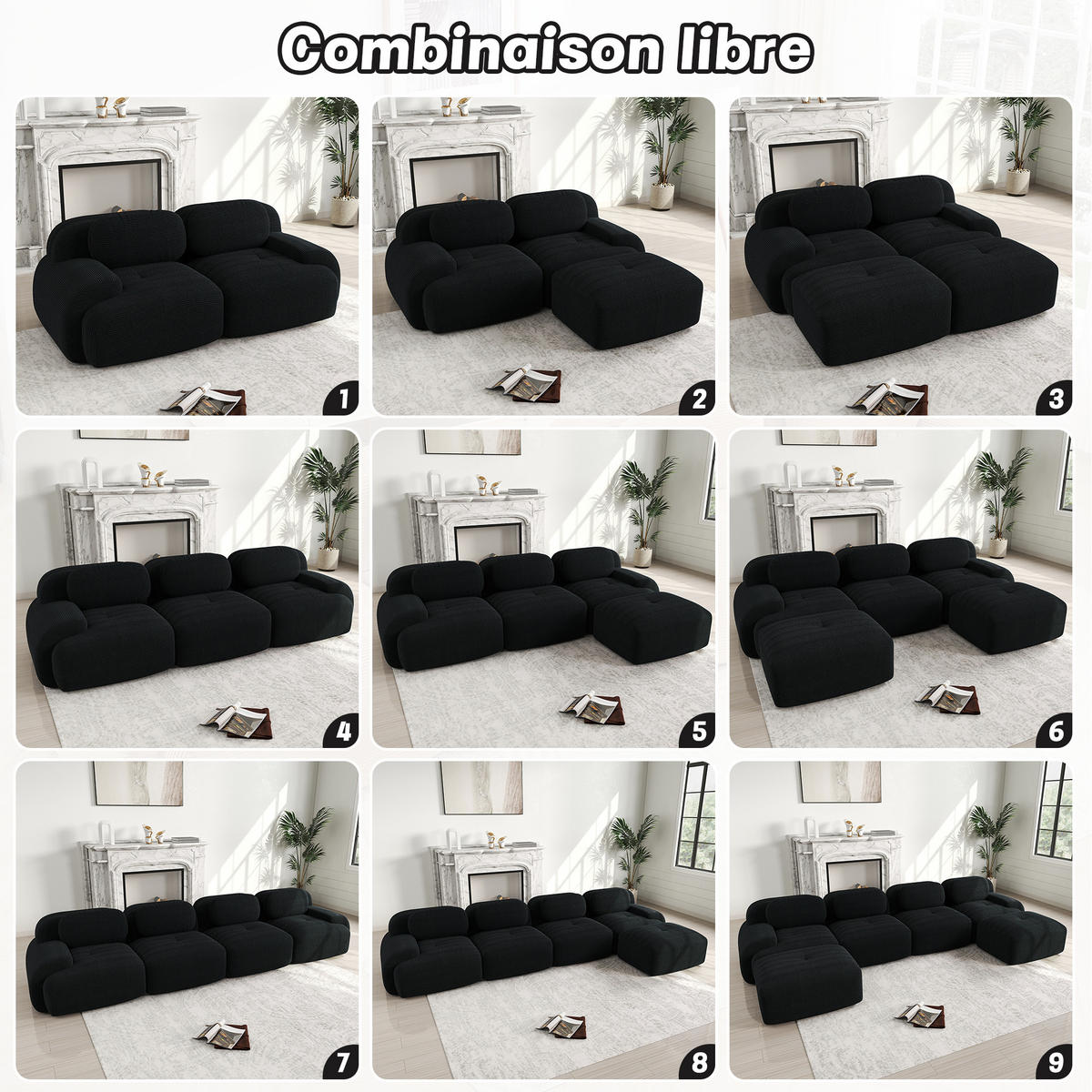 SOFA Modulares 2-Sitzer, rutschfeste Unterseite, Cord, Schwarz - Schwarz, Textil (178/70/208cm) - Meubles Cosy