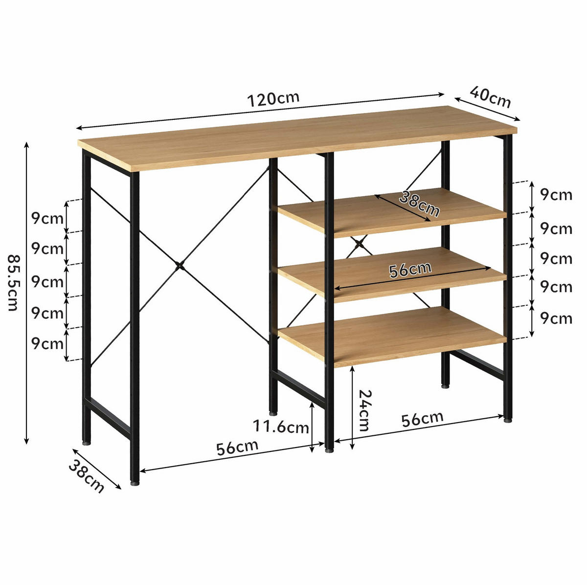 SIDEBOARD 120/40/85,5 cm mit flexibel montierbaren Regalen, Metallgestell und höhenverstellbaren Füßen, Schwarz/Natur - Schwarz, Holzwerkstoff (120/85/40cm) - Redom