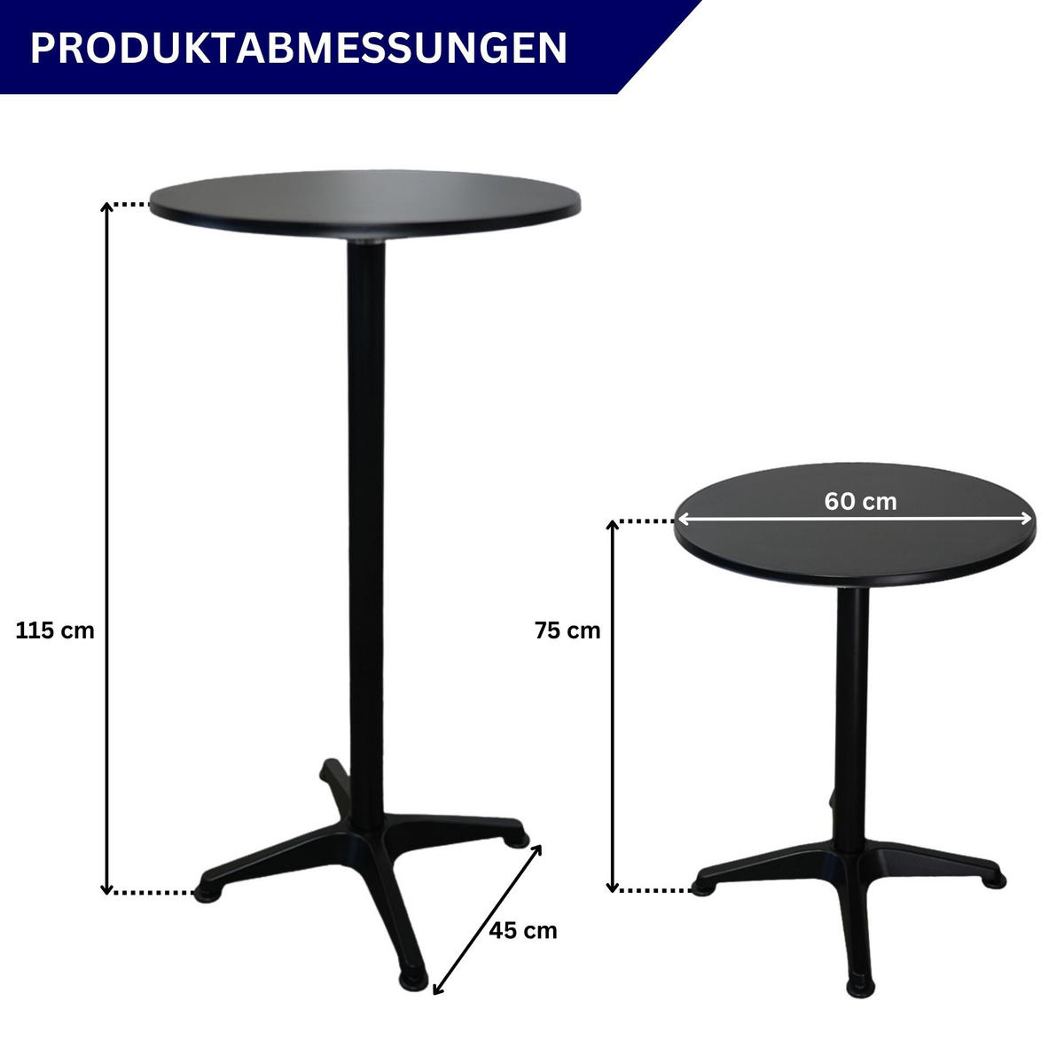 STEHTISCH mit Hussen klappbar HxØ 75-115x60cm MDF-Platte mit Edelstahlbeschichtung Schwarz - Schwarz, Metall (115/60/115cm) - CHEFGASTRO