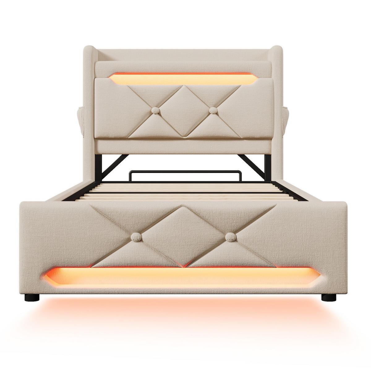 POLSTERBETT 90/200 cm Beige mit Matratze, LED-Beleuchtung und USB-Anschlüssen - Beige, Textil (90/200cm) - Flora Grace