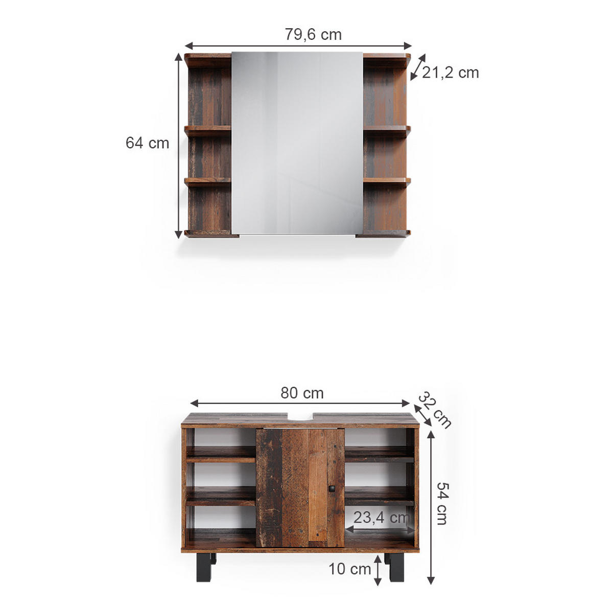 BADMÖBEL-SET Fynn Eiche rustikal 2 Teile, Unterschrank 80 cm - Wildeiche, Holzwerkstoff (60/54/32cm) - Vicco