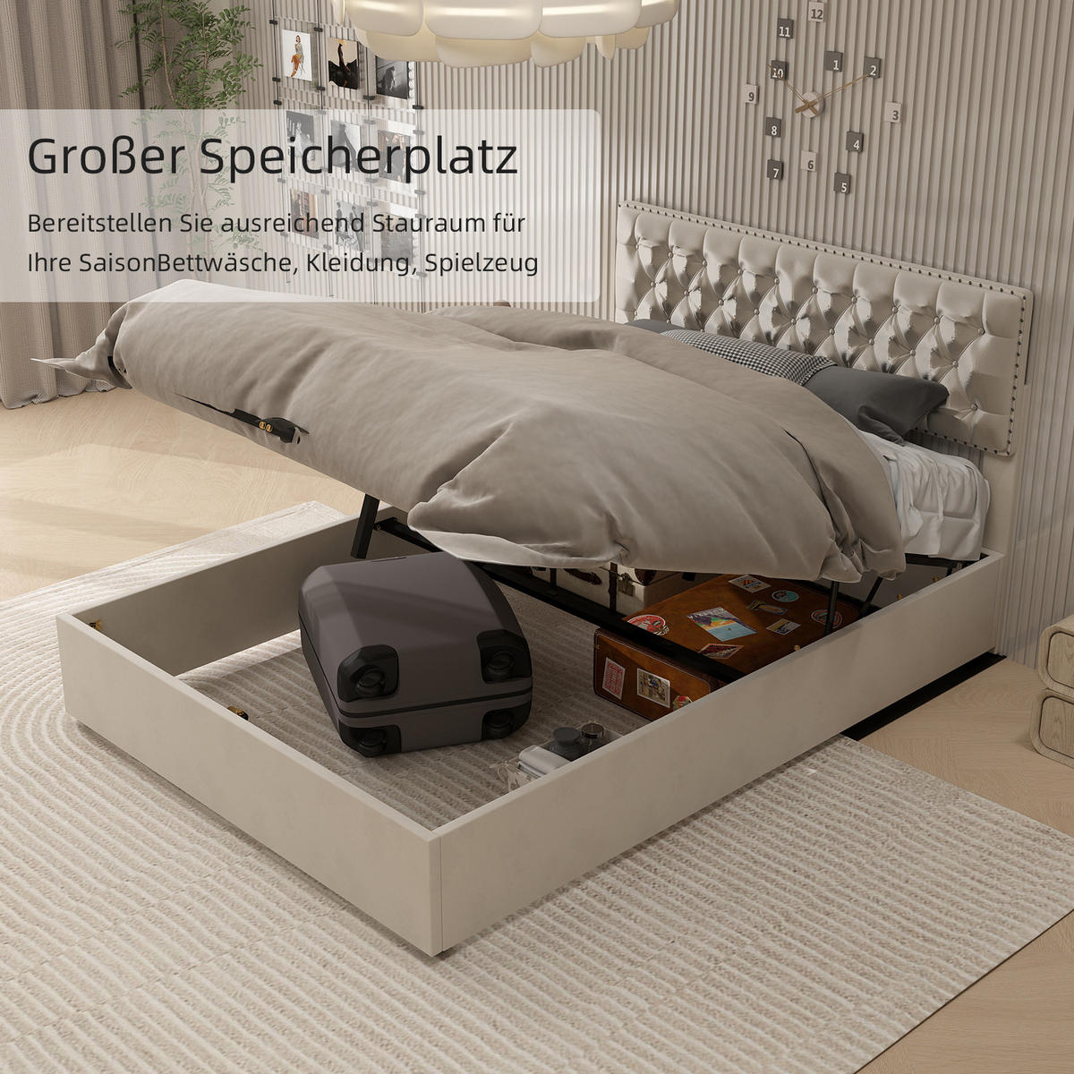 POLSTERBETT 160/200 cm in Beige Samt mit Stauraum - Beige, Holzwerkstoff/Textil (160/200cm) - WISHDOR