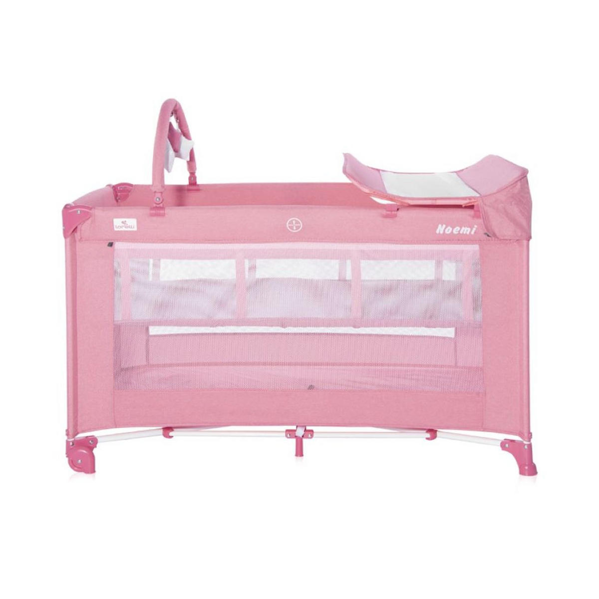 REISEBETT Noemi 2 Ebenen dunkelgrau Wickelauflage, Spielbogen, Tragetasche, Räder - Rosa, Kunststoff (69/127cm) - Lorelli