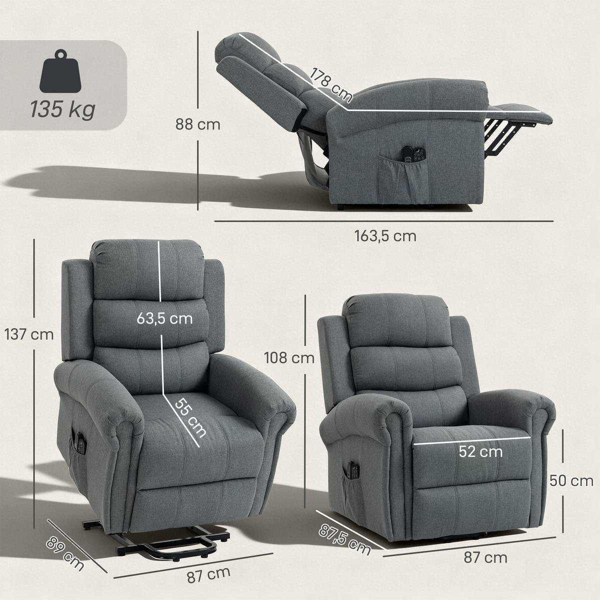 SESSEL mit Aufstehhilfe Neigebarer Massagesessel, Elektrischer Relaxsessel, Grau - Schwarz/Grau, Textil/Metall (87/108/87.5cm) - HOMCOM