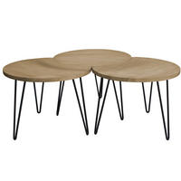 COUCHTISCH Strukturiert Mangoholz Schwarzes Metall 3er-Set VIBES - Naturfarben, Holz (145/60/45cm) - Miliboo