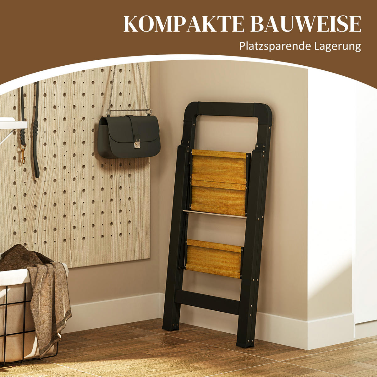TRITTLEITER Klapptritt mit 2 Stufen Aluminium Schwarz 44,5 x 48 x 86,3 cm - Schwarz, Metall (44.5/48/86.3cm) - HOMCOM