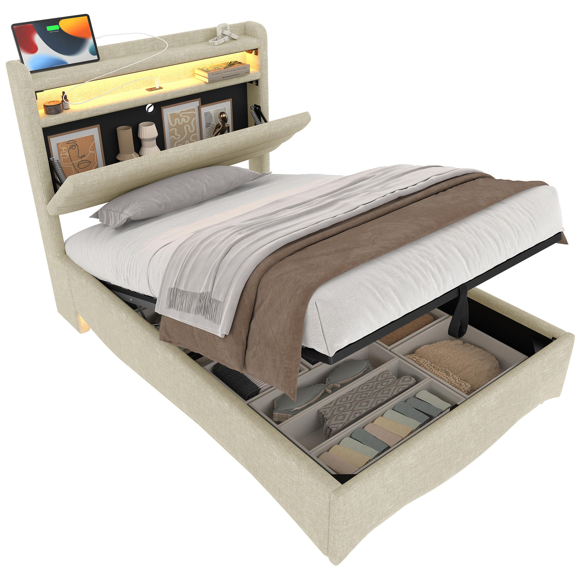 POLSTERBETT 90/200 cm mit LED-Beleuchtung, USB- und Typ-C-Anschluss, hydraulischem Bettkasten und Ablagefach, Beige - Beige, Textil (90/200cm) - Redom
