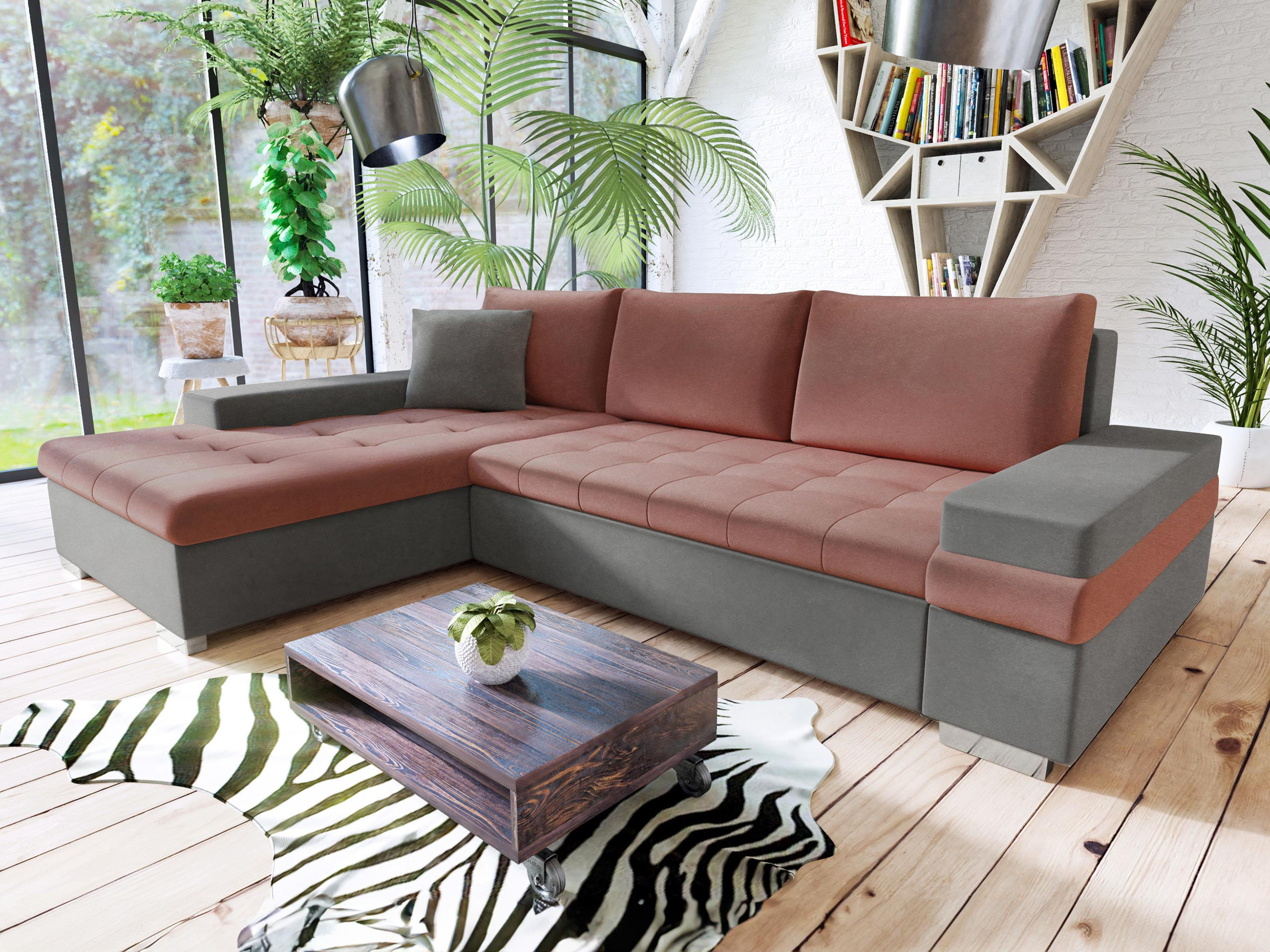 ECKSOFA Bangkok Mini - Dunkelrosa/Silberfarben, Holz/Textil (274/182cm) - MIRJAN24
