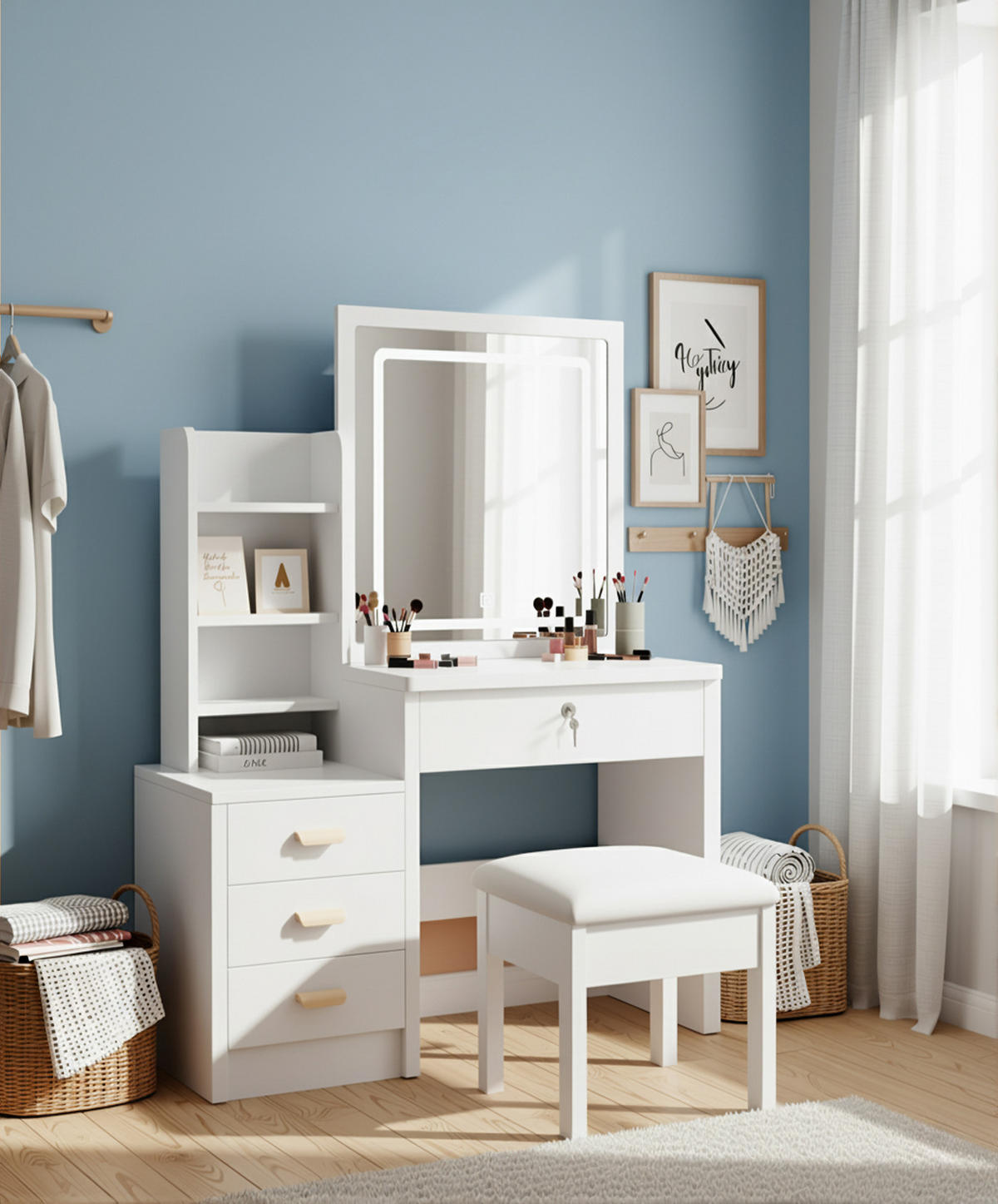 SCHMINKTISCH-SET 85 cm in Weiß mit LED-Spiegel, Hocker & verspiegelten Schiebetüren - Weiß, Holzwerkstoff (85/130/36cm) - Urban Meuble