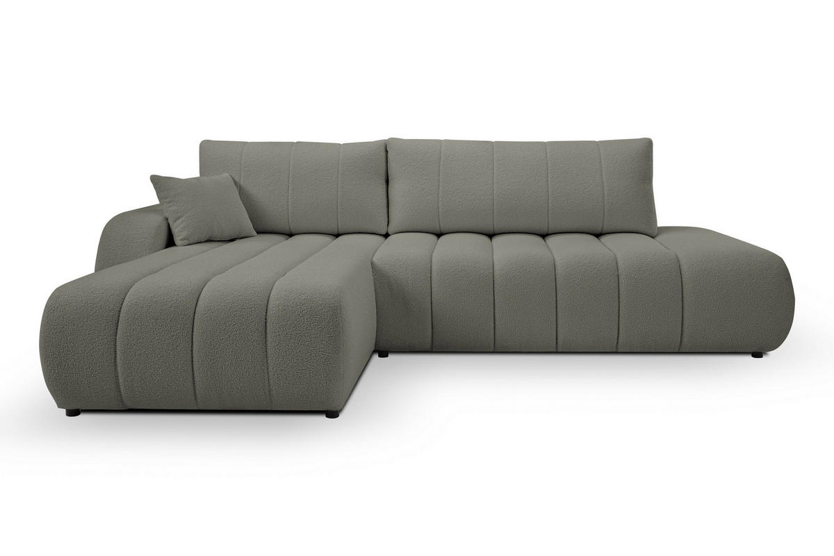 ECKSOFA GIOIA L-S Grau Boucle-Stoff mit Schlaffunktion - Grau, Holz (276/176cm) - MASSENO