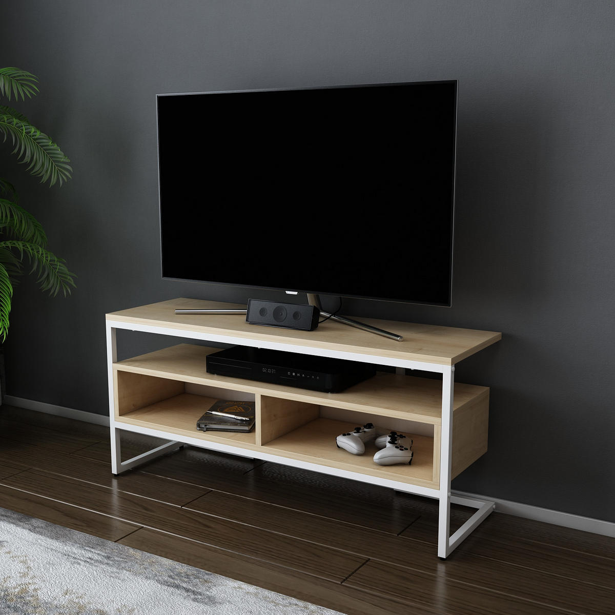 TV-ELEMENT Merrion Weiß und Eiche Safir - Eichefarben/Weiß, Holzwerkstoff (111/51/35cm) - Decorotika